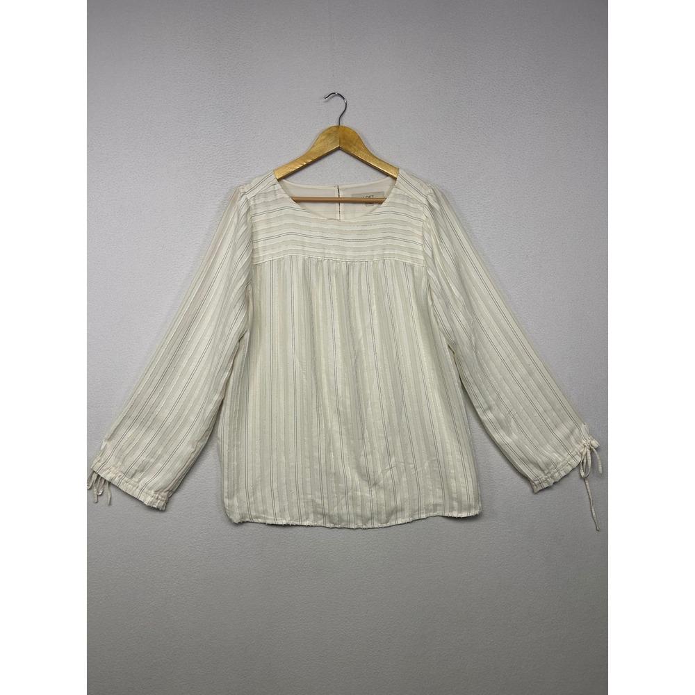 Boho Peasant LOFT Womens Large White Striped Balloon Sleeve Tie Cuff Blouse